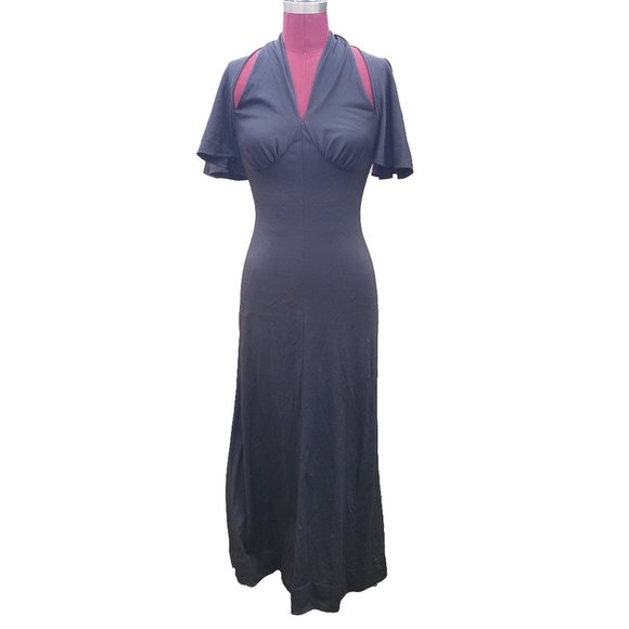 Vintage 70s Sundays Child Maxi Dress Black Knit Halter Flutter Sleeve XS